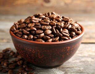 Vector illustration of coffee beans in a decorative bowl, cafe design element