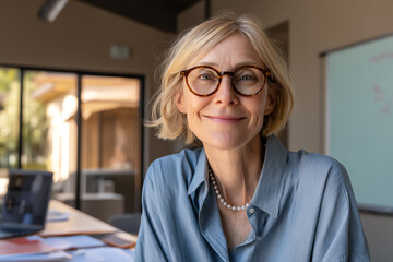Smiling middle-aged woman with glasses and a pearl necklace sits in a softly lit office, conveying warmth and professionalism with a calm, confident expression
