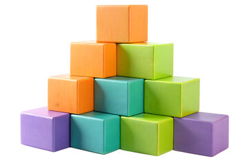 Obraz premium A pyramid of colorful wooden blocks, including orange, green, blue, and purple cubes, isolated on transparent background