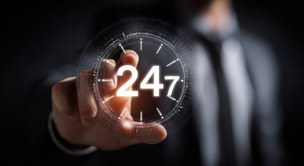 Businessman interacts with a holographic 24/7 clock interface