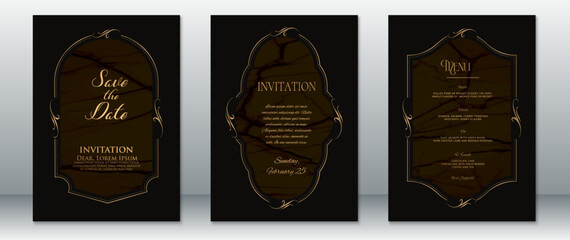 A deluxe wedding invitation suite featuring Save the Date, Invitation, and Menu cards with rich marble textures. Designed with ornate gold frames elegant on dark brown and black backgrounds.