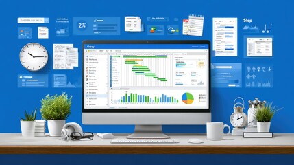 Modern workspace with computer displaying project management software