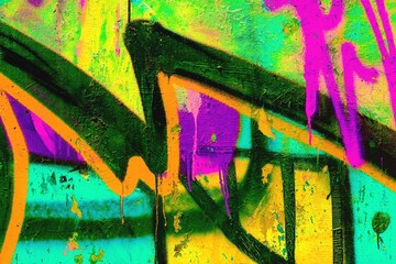Vibrant graffiti art in neon green, purple, yellow with bold lines. Retro 90s style, psychedelic vibe, fluorescent colors. Street art, digital backgrounds, creative banners, modern 2000s visuals.