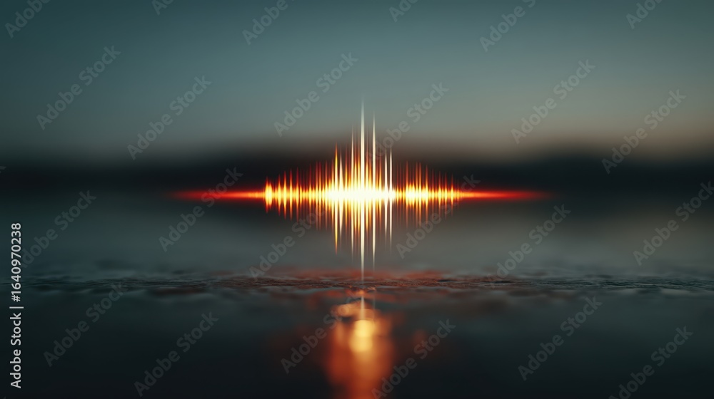 Poster an abstract representation of sound waves, with vibrant colors reflecting on a calm surface, evoking
