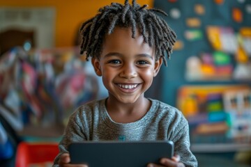 Young child using a smart tablet. The image captures a happy boy gaming on an iPad, showcasing the use of AI technology for interactive learning, Generative AI