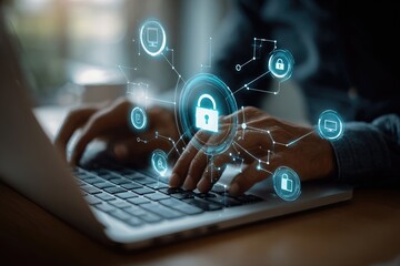 Close-up of hands typing on a laptop, with a digital security interface overlay