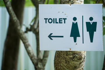 Public restroom sign on a tree indicates direction to toilets for both men and women, set in an...