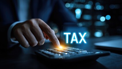 Close-up of a person's hand hovering over a calculator, with the word "TAX" highlighted. Business concept