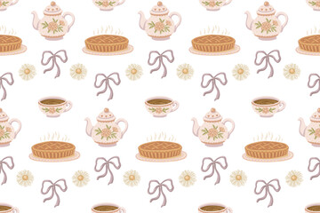 Pretty teapot and teacup with pie in pastel coquette seamless pattern. Hand drawn illustration with floral and ribbon. Great for kitchen textile and wallpaper. Perfect for bed linen and kids decor.