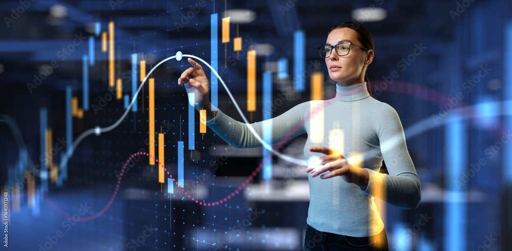 Poster advanced data analysis with financial trends visualized by technology expert.