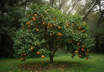 A lush citrus tree laden with ripe oranges in a verdant grove