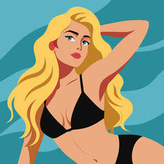 Blonde Woman in Bikini Relaxing on a Beach with Blue Waves in Background Illustration