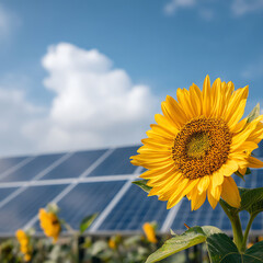 Bright sunflower in full bloom with solar panels and blue sky in the background, symbolizing renewable energy and nature working together for sustainability