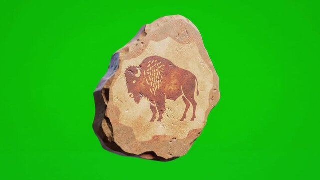 Ancient rock art with a prehistoric cave painting of a bison. Stone Age archeological artifact isolated on a green screen for chroma key.