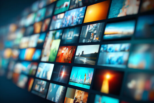 A vibrant digital media wall showcasing multiple colorful thumbnail images arranged in a grid, representing diverse content and dynamic visual storytelling