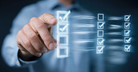 Businessperson touches checklist, tasks moving quickly