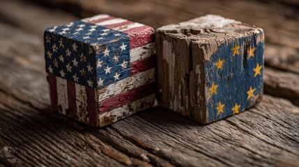 Obraz premium US and European Union Relations Concept: Wooden Blocks Depicting USA and EU Flags on Rustic Wood