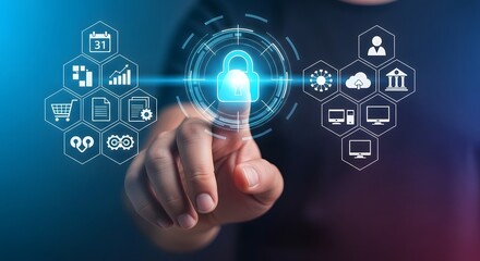 Cybersecurity Interface with Lock Icon and Digital Service Symbols