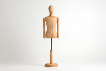 Wooden artist mannequin with jointed arms and featureless head on a stand, displayed against a plain white background for drawing or design reference