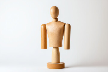 Minimalist wooden mannequin figure with articulated arms and neck, standing on a round base against a plain white background