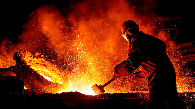 A worker wearing protective gear uses a tool to handle molten metal in a fiery industrial environment filled with sparks and intense heat - Powered by Adobe