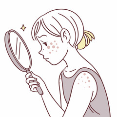 Worried Woman Examining Acne on Face and Body with a Handheld Mirror in a Line Art Illustration Style