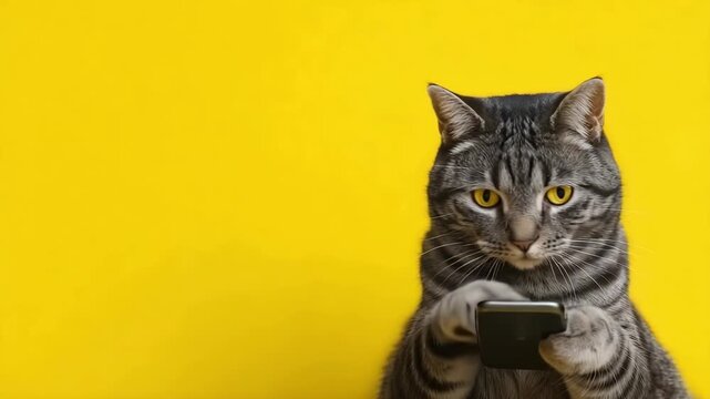 Cat using a phone with surprised expression on a bright yellow background. Humorous feline photo perfect for tech or animal-themed projects.