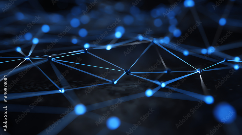 Poster abstract close-up of interconnected glowing blue nodes and lines forming a digital network on a dark