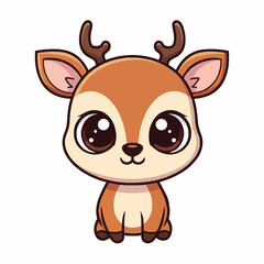 Obraz premium A cute cartoon deer with big eyes and small antlers sits facing forward on a white background.