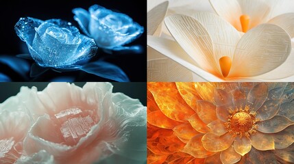 Four detailed digital flower macro images in various hues