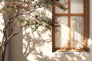 Sunlight casts shadows on a beige wall with a window