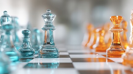 A colorful chess set features transparent blue and orange pieces, arranged on a classic black and white checkered board.