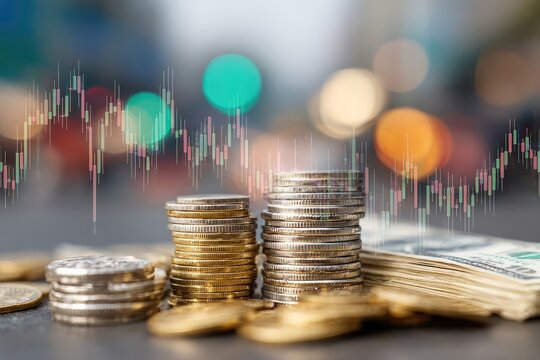 Stacks of coins and banknotes with financial charts overlay