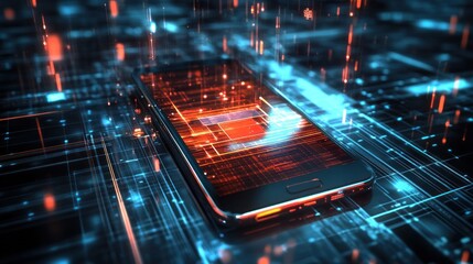 High-tech smartphone, overlaid with glowing circuitry