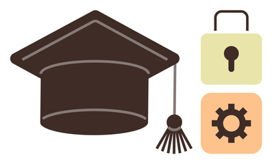 Graduation cap symbolizing education next to a lock for security and a gear for innovation. Ideal for learning, knowledge, development, success, technology, safety, digital transformation. Clean