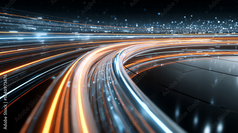Poster bright streaks of orange and blue light curve dynamically across a dark, futuristic digital grid, sy
