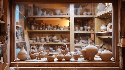 Pottery display window in workshop