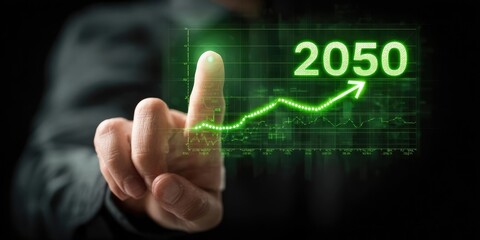 A hand points to a glowing green graph with the year 2050, signifying future growth