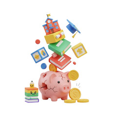 Cartoon Piggy Bank With Broken School Building, Books And Graduation Hat