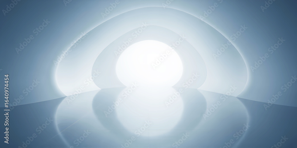 Poster abstract white and blue tunnel with circular shapes and bright light at the end point view