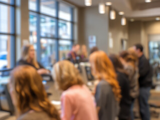 Fototapeta premium A blurred image of people gathered indoors, likely in a casual meeting or social setting with large windows letting in natural light