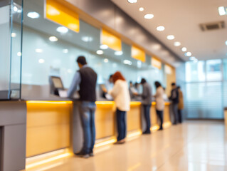 People stand in a modern bank lobby, using teller windows with glass partitions and yellow accent lighting in a bright, spacious financial service environment