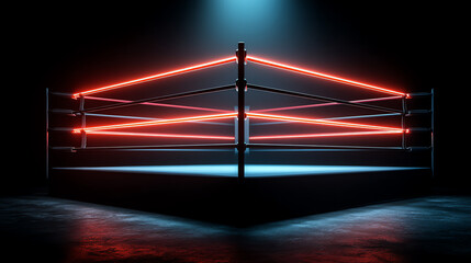 Boxing ring illuminated by red neon lights in a dark, empty arena with dramatic blue spotlights highlighting the floor