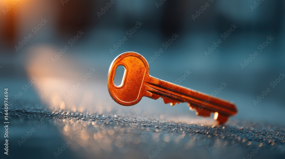 Poster a close-up of an orange key resting on a textured surface, illuminated by soft light, highlighting i