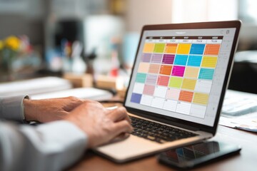 Person using laptop with colorful calendar software