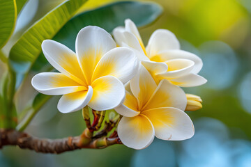Obraz premium Close-up of white and yellow plumeria flowers blooming on a branch with green leaves and a soft, blurred natural background