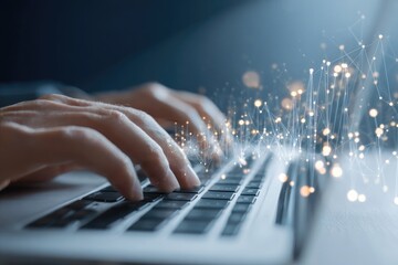 Close-up of hands typing on a laptop with glowing data network overlay