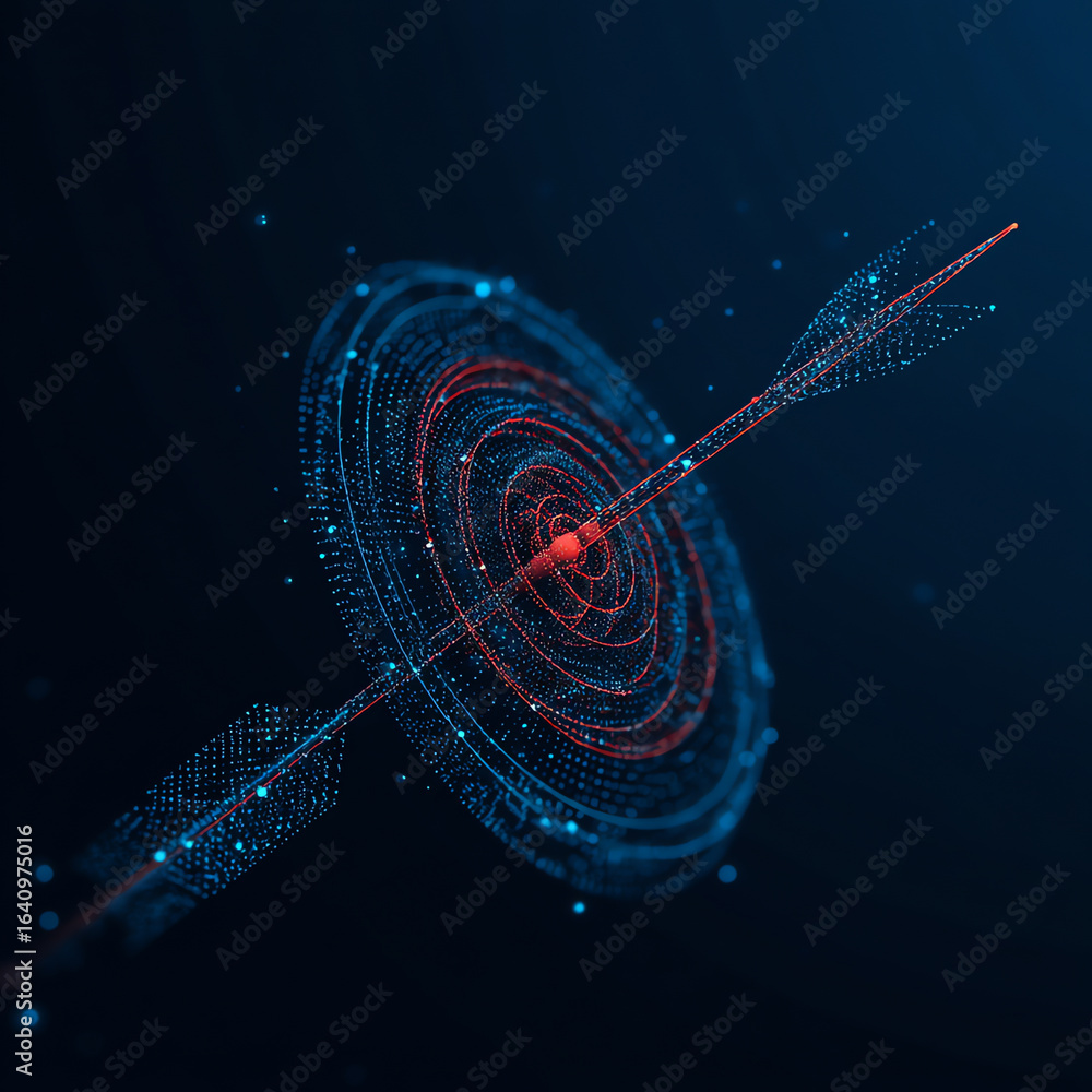 Poster digital illustration of a glowing arrow hitting the center of a futuristic target made of blue and r
