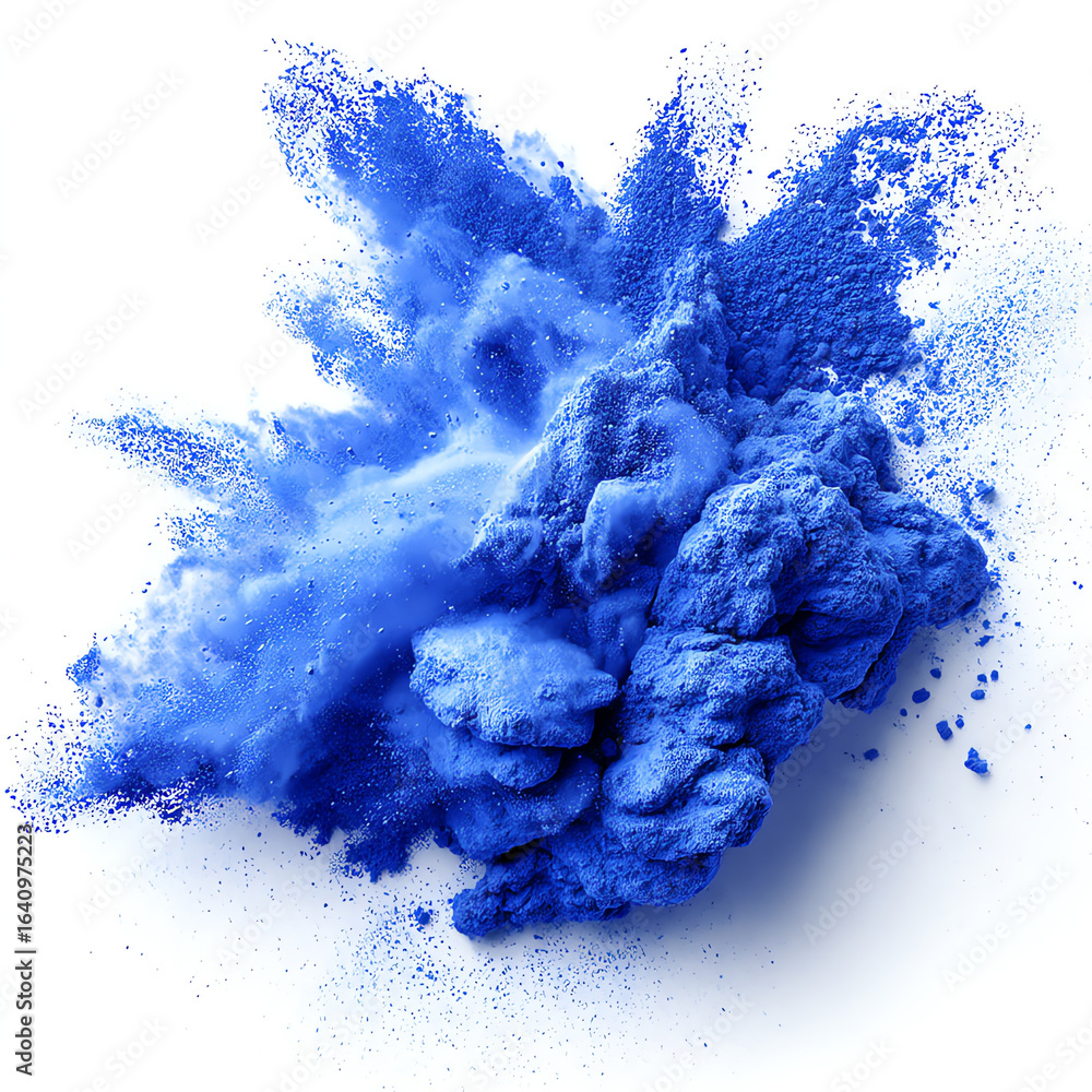 Poster vibrant blue powder explodes dynamically against a white background, creating a textured cloud of pi