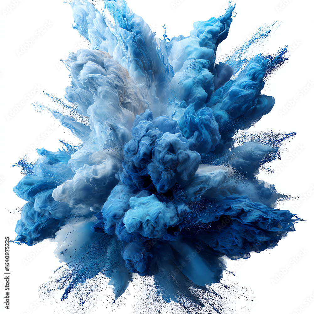 Poster abstract blue powder explosion captured with intricate swirling details and dynamic motion on a whit